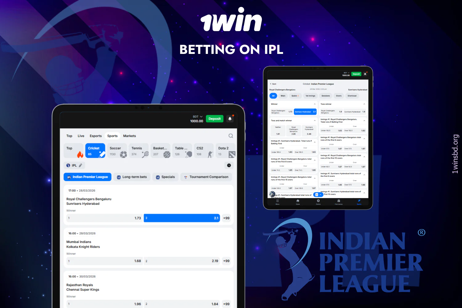 One of the popular leagues among bettors on a 1win bet from Bangladesh is the Indian Premier League