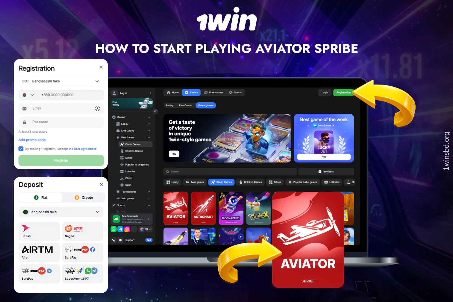 To start playing 1win Aviator Spribe, players from Bangladesh need to follow a few steps