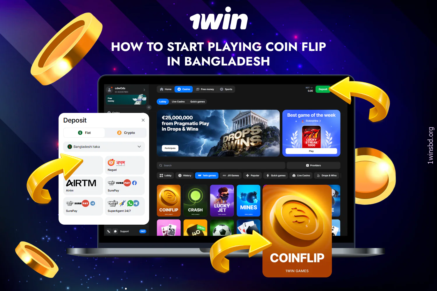 Step-by-step instructions for playing Coinflip at 1win Bangladesh Casino