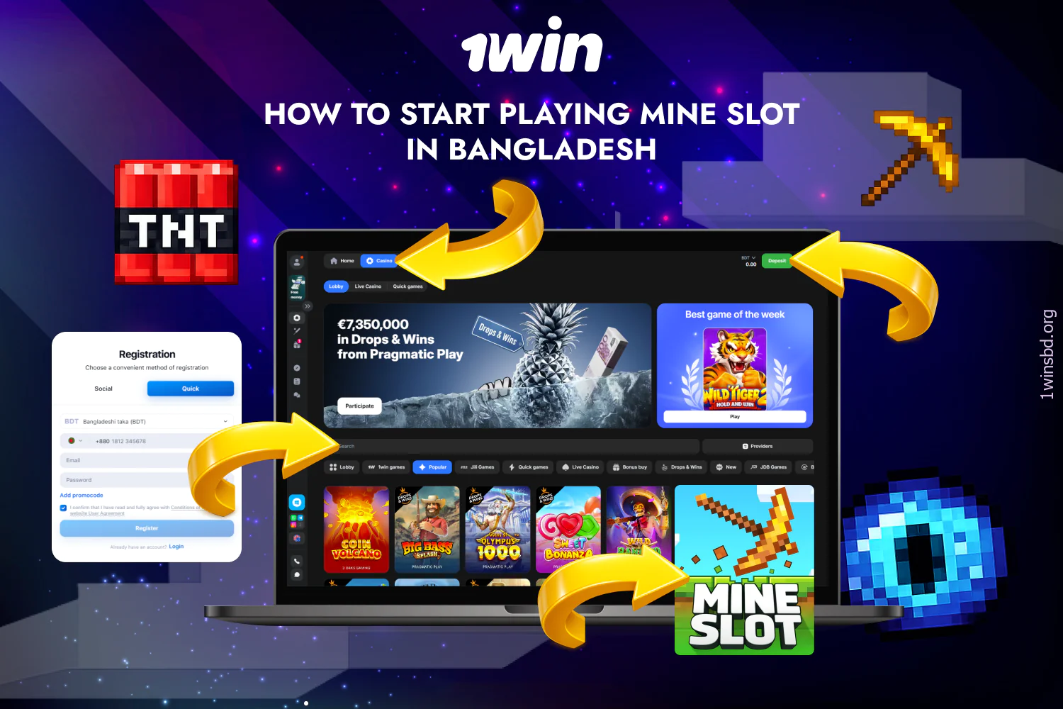 To play Mine Slot, you first need to follow a few simple steps on 1win