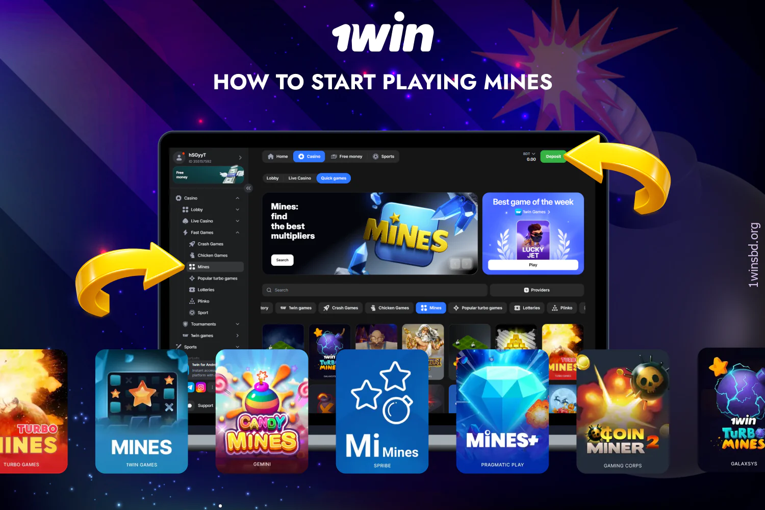 To start playing 1win mines, a player from Bangladesh needs to follow a few steps