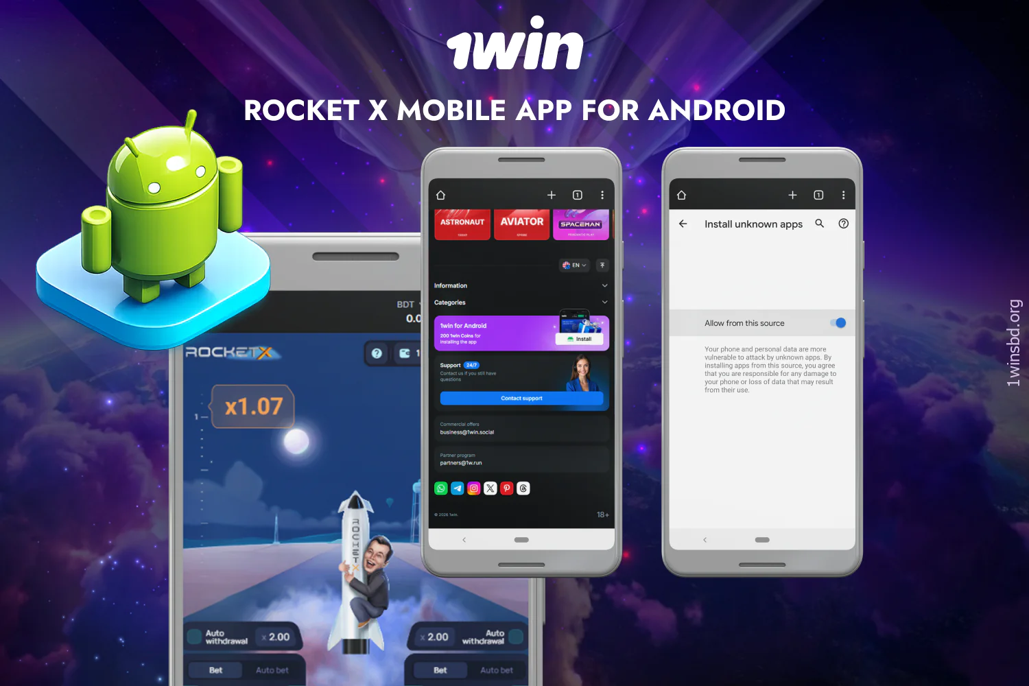 1win offers an Android Mobile App for playing Rocket X